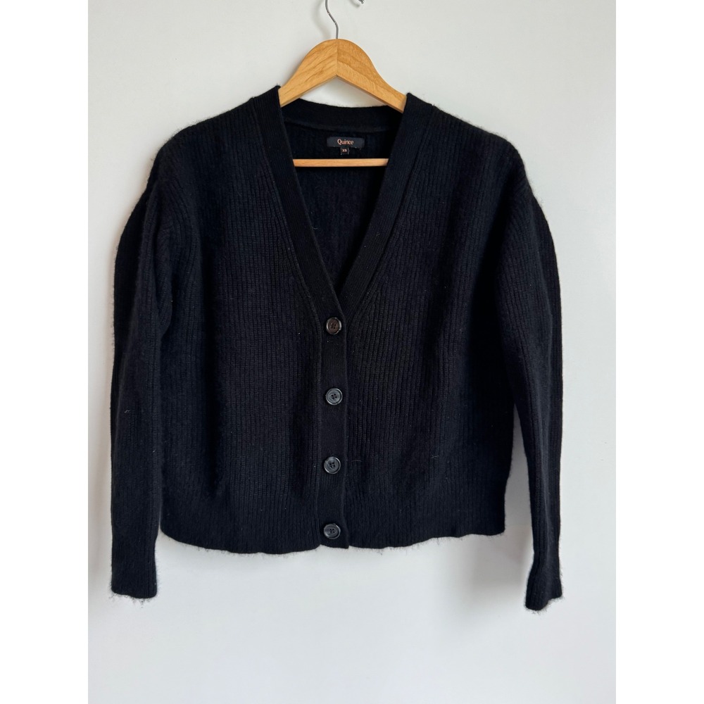 Quince Mongolian Cashmere Fisherman Cropped Cardigan Black Ribbed XS Minimalist